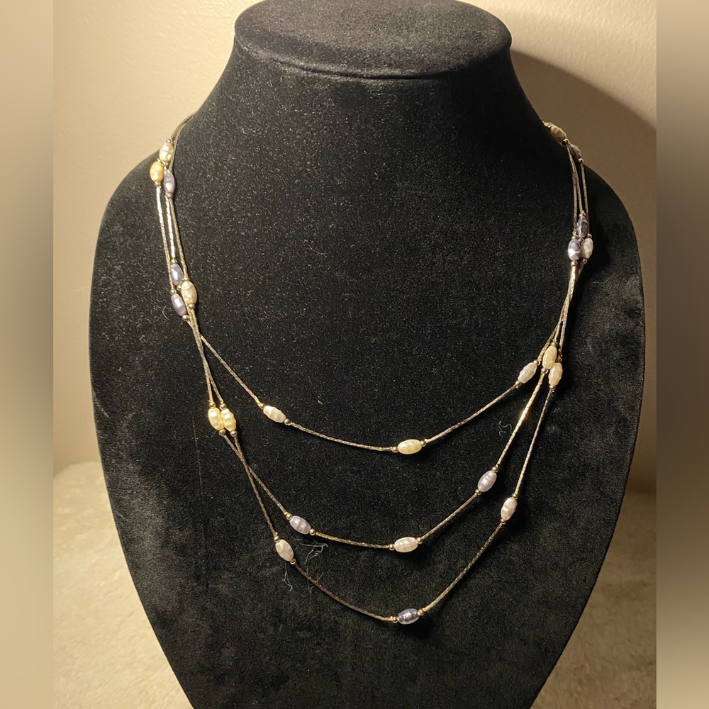 Korea Vintage 3-Strand Faux Pearl Chain Necklace 18in